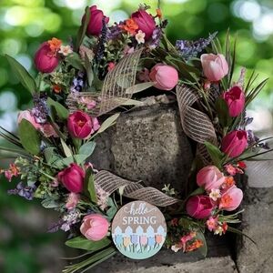 Floral Spring Wreath with Pink and Purple Flowers